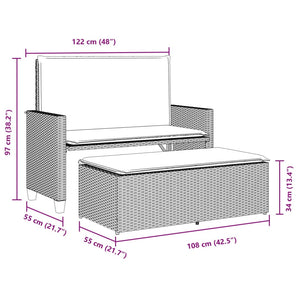 Gartenbank mit Kissen & Hocker Grau Rattan
