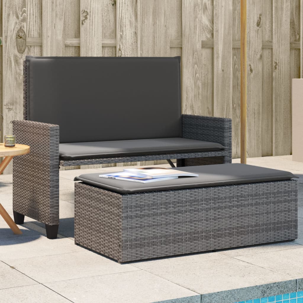 Gartenbank mit Kissen & Hocker Grau Rattan