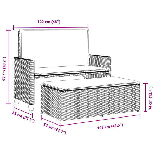 Gartenbank mit Hocker Hellgrau Poly Rattan
