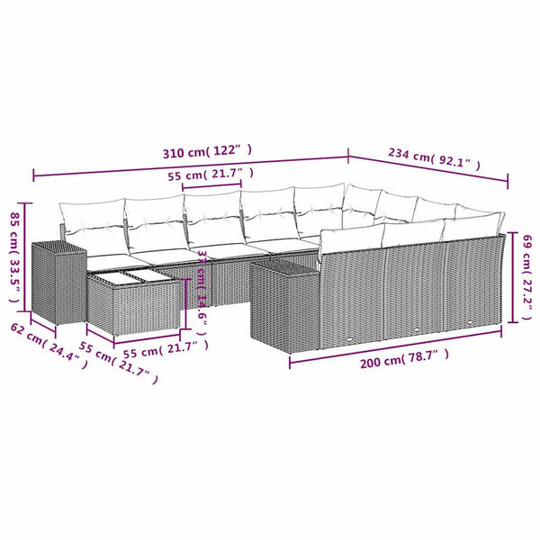 11-tlg. Garten Sofagarnitur Hellgrau Poly Rattan
