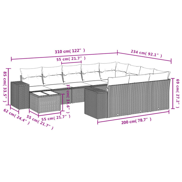 11-teiliges Gartensofa-Set Braun Polyrattan mit Kissen