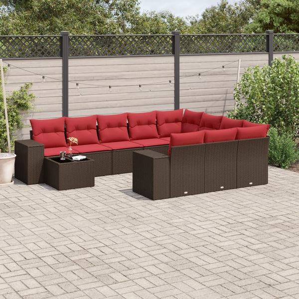 11-teiliges Gartensofa-Set Braun Polyrattan mit Kissen