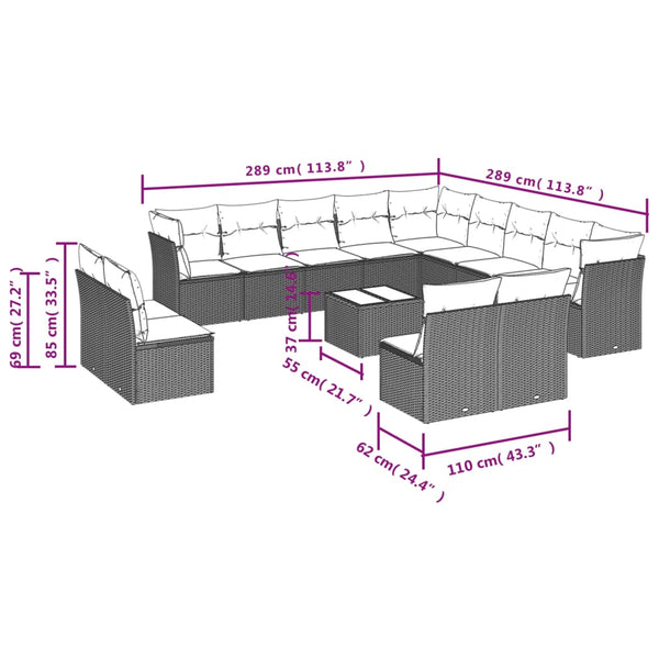 14-teiliges Gartensofa-Set Braun Polyrattan mit Kissen