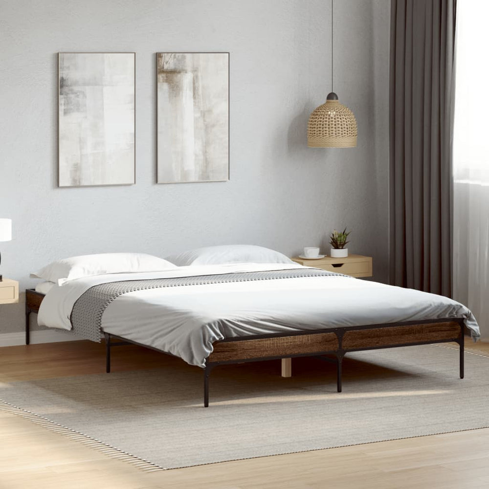 vidaXL Bed Frame Brown Oak Look 140x200 cm Engineered Wood Metal
