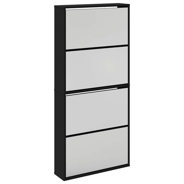 Schuhschrank mit Spiegel, 4 Fächer, Schwarz