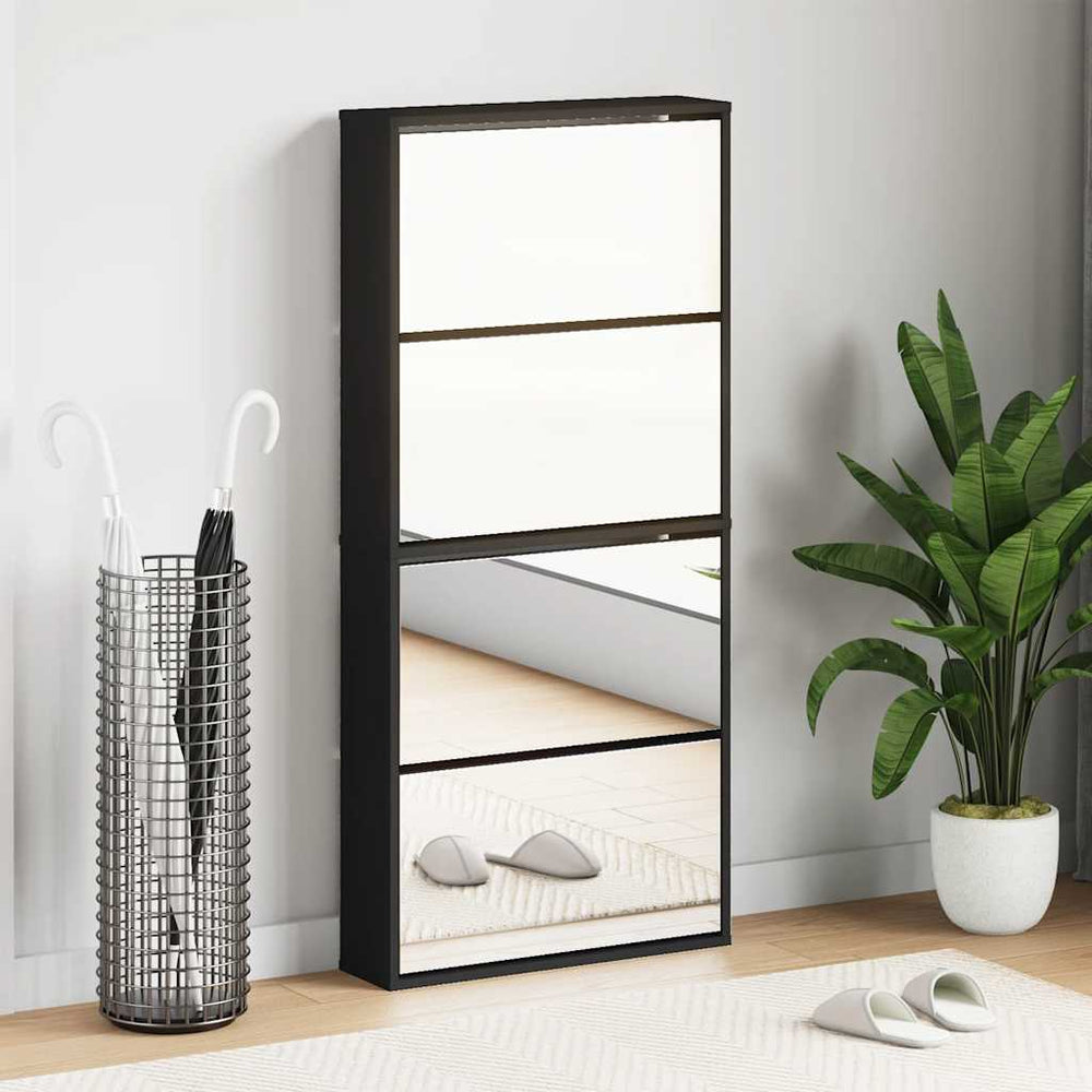 Schuhschrank mit Spiegel, 4 Fächer, Schwarz