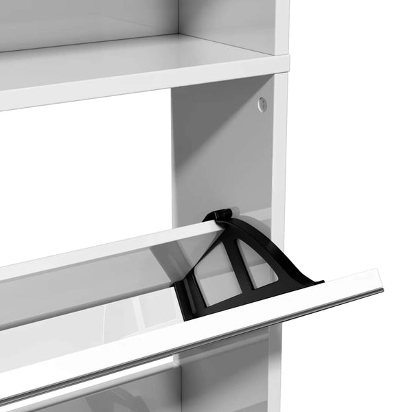Schuhschrank mit Spiegel, 4 Fächer, Hochglanz Weiß