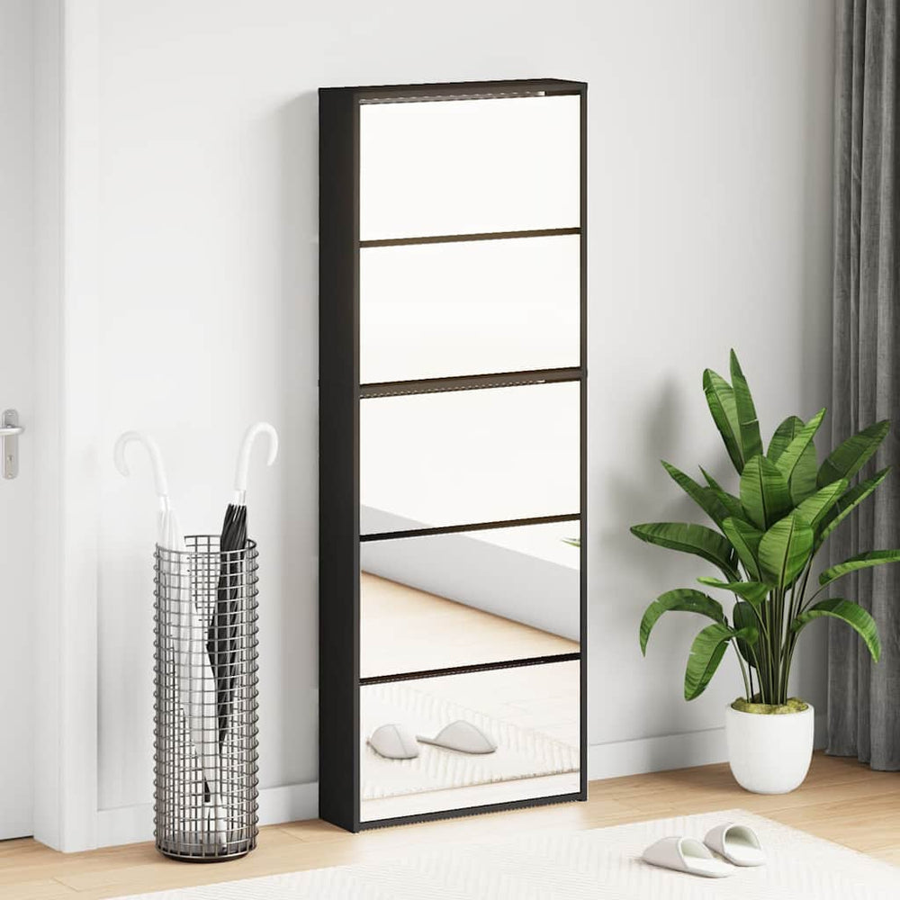 Schuhschrank mit Spiegel, 5 Fächer, Schwarz