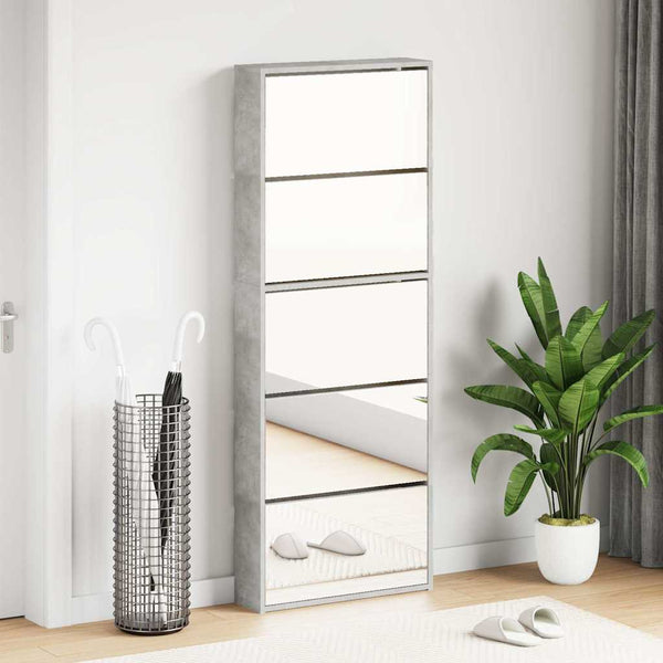 vidaXL Meuble à chaussures avec miroir 5 compartiments gris béton 63x17x169,5 cm