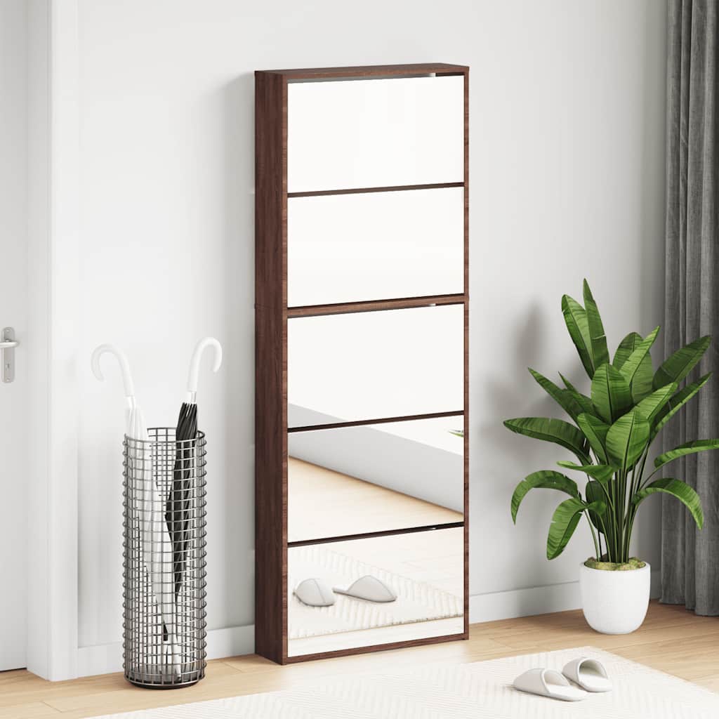 Schuhschrank mit Spiegel, 5 Fächer, Braun Eiche