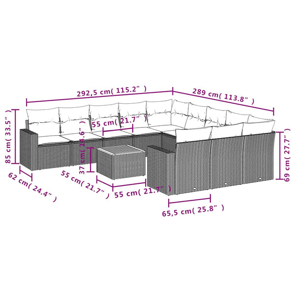 12-tlg. Garten Sofagarnitur Schwarz Poly Rattan mit Kissen