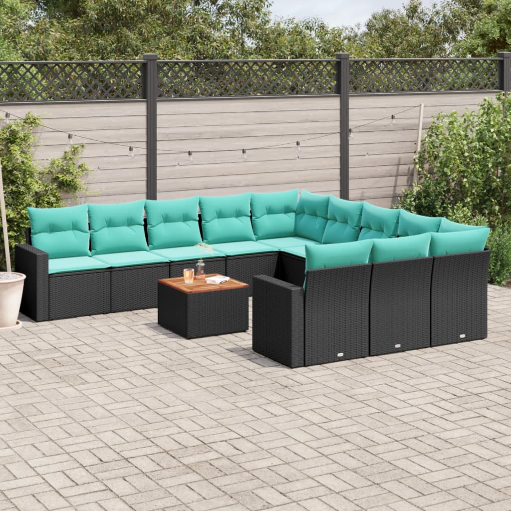 12-tlg. Garten Sofagarnitur Schwarz Poly Rattan mit Kissen
