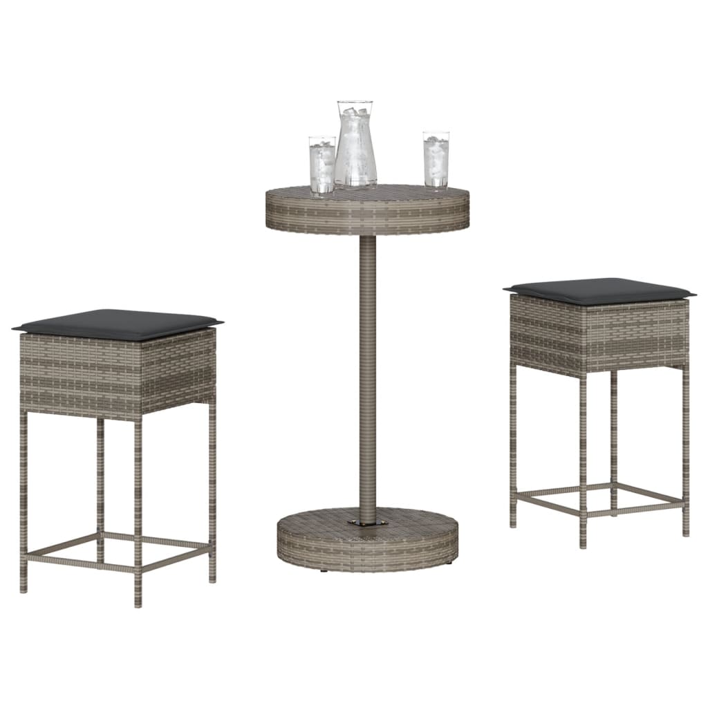 vidaXL Ensemble de bar de jardin 3 pièces avec coussins Résine tressée gris