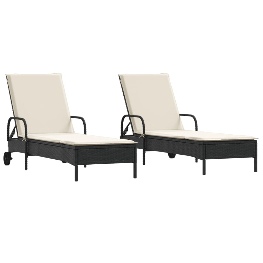 Sonnenliegen mit Auflagen, 2er Set, Poly Rattan Schwarz