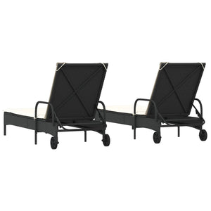 Sonnenliegen mit Auflagen, 2er Set, Poly Rattan Schwarz