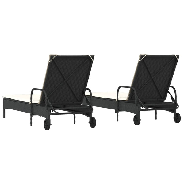 Sonnenliegen mit Auflagen, 2er Set, Poly Rattan Schwarz