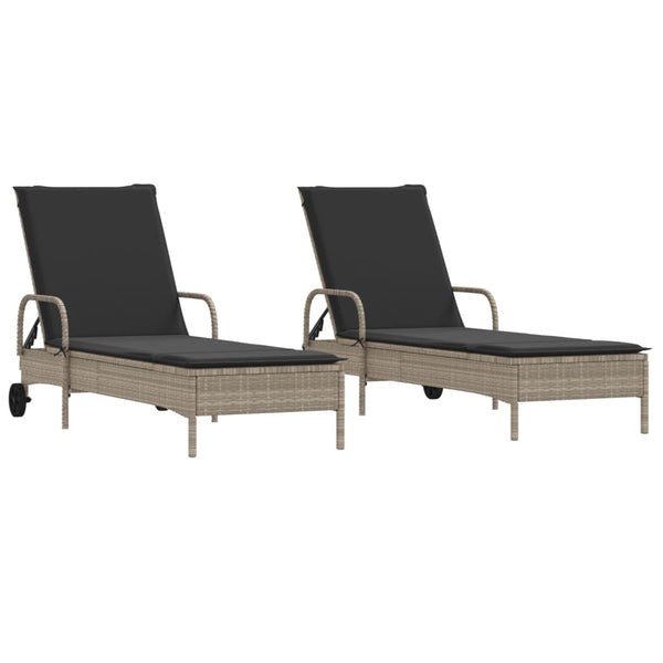 Sonnenliegen mit Auflagen, 2 Stk., Hellgrau Rattan