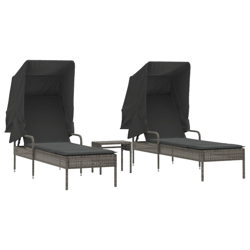 Sonnenliegen 2er Set mit Dach & Tisch Grau Rattan