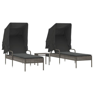 Sonnenliegen 2er Set mit Dach & Tisch Grau Rattan