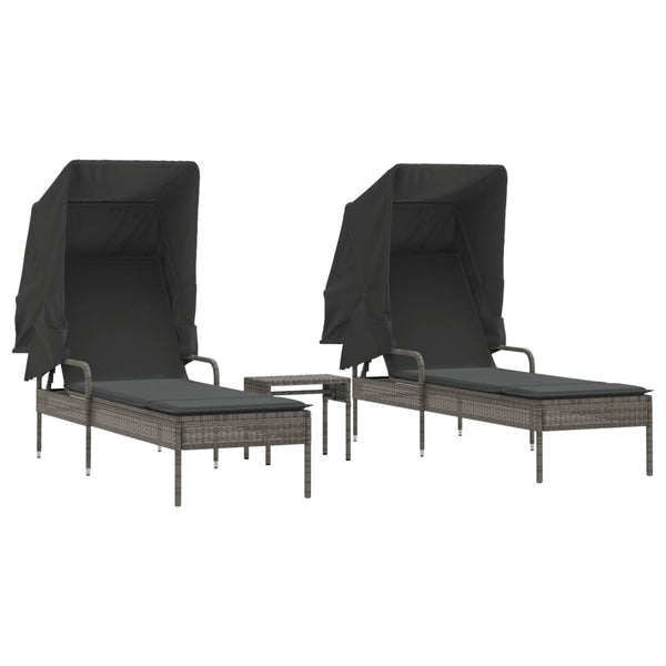 Sonnenliegen 2er Set mit Dach & Tisch Grau Rattan