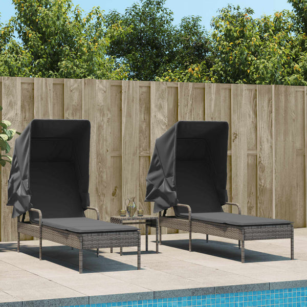 Sonnenliegen 2er Set mit Dach & Tisch Grau Rattan