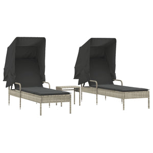 vidaXL Chaises longues 2 pcs avec toit et table en résine tressée gris clair
