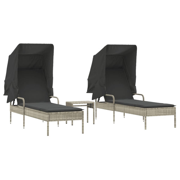 vidaXL Chaises longues 2 pcs avec toit et table en résine tressée gris clair