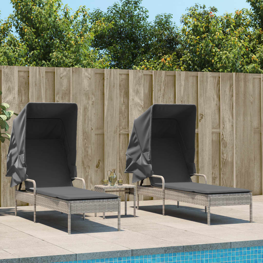 vidaXL Chaises longues 2 pcs avec toit et table en résine tressée gris clair