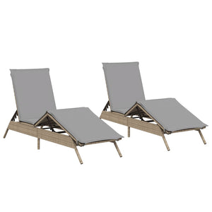 2er Set Sonnenliegen Beige Poly Rattan mit Auflagen