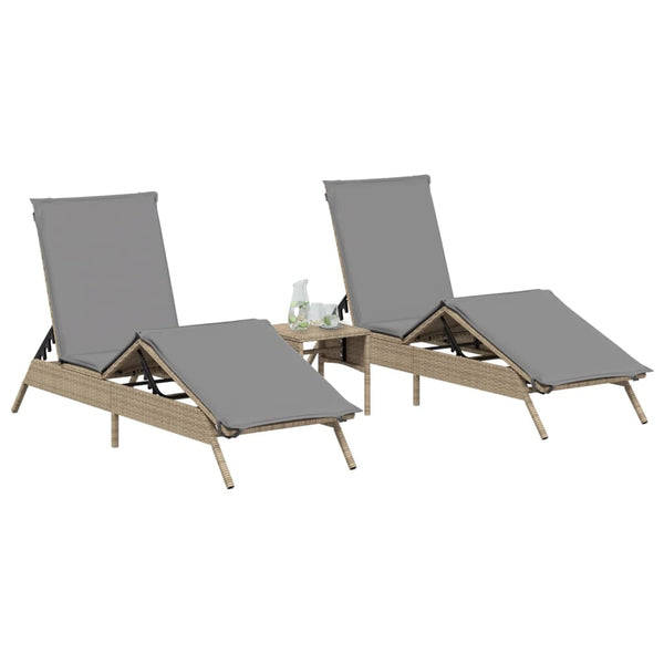 2er Set Sonnenliegen Beige Poly Rattan mit Auflagen