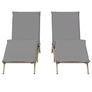 2er Set Sonnenliegen Beige Poly Rattan mit Auflagen