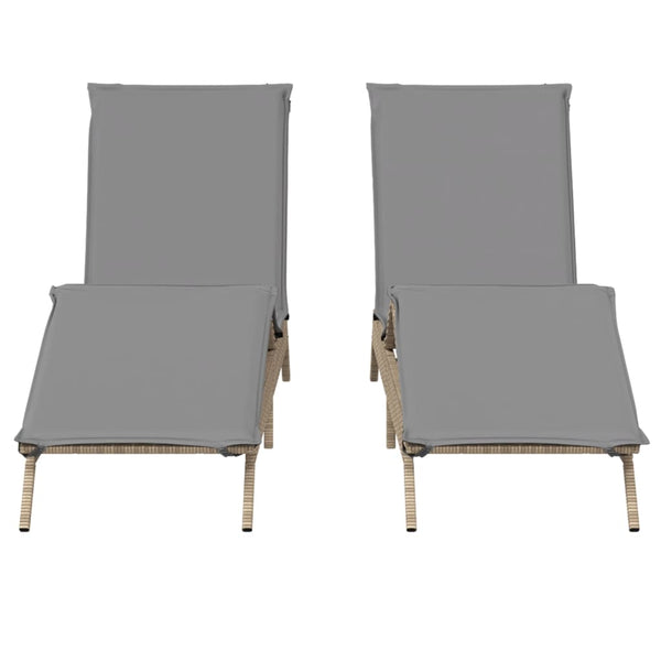 2er Set Sonnenliegen Beige Poly Rattan mit Auflagen