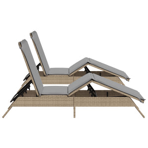 2er Set Sonnenliegen Beige Poly Rattan mit Auflagen