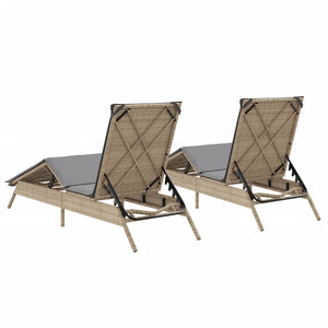 2er Set Sonnenliegen Beige Poly Rattan mit Auflagen