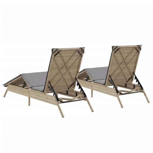 2er Set Sonnenliegen Beige Poly Rattan mit Auflagen