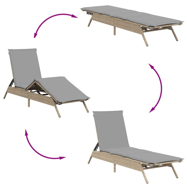2er Set Sonnenliegen Beige Poly Rattan mit Auflagen
