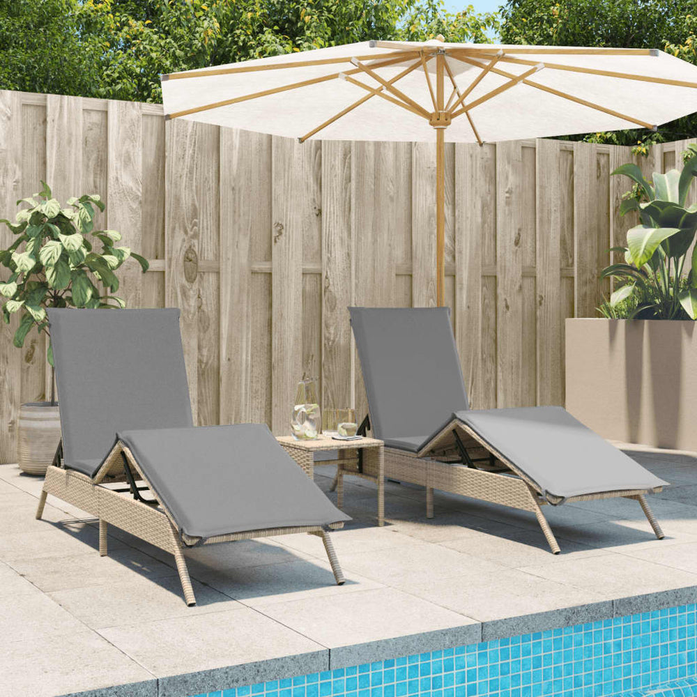 2er Set Sonnenliegen Beige Poly Rattan mit Auflagen