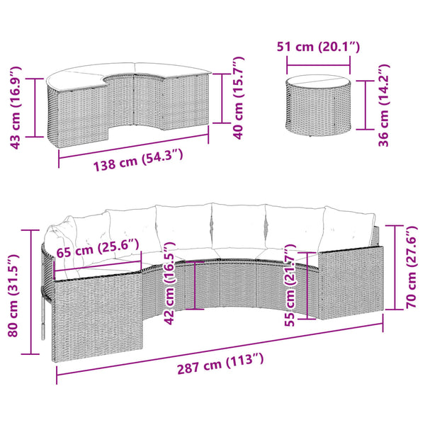 vidaXL 3-Piece Half-Round Garden Sofa Set Beige Poly Rattan