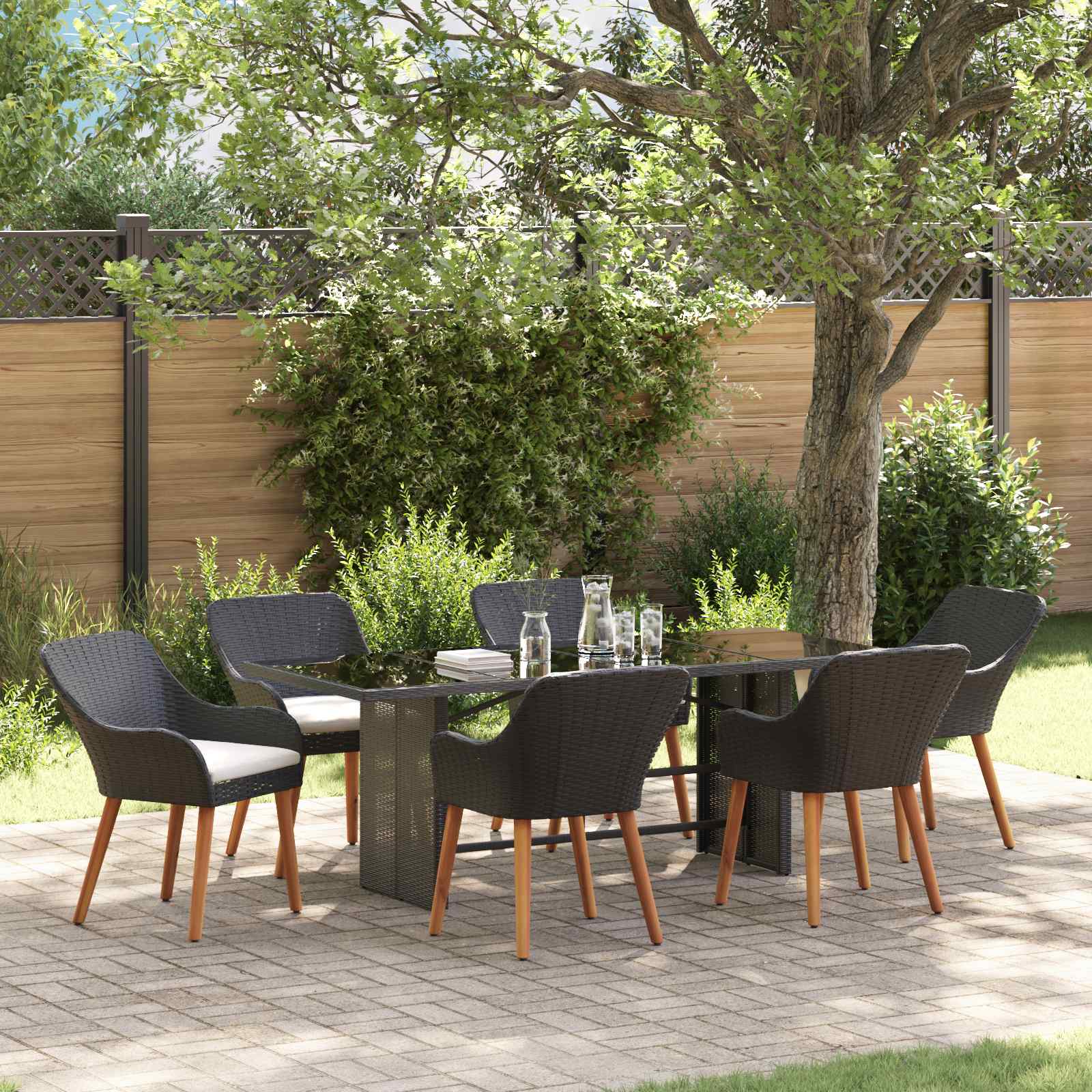 Garten Essgruppe 7-teilig Schwarz Rattan mit Kissen
