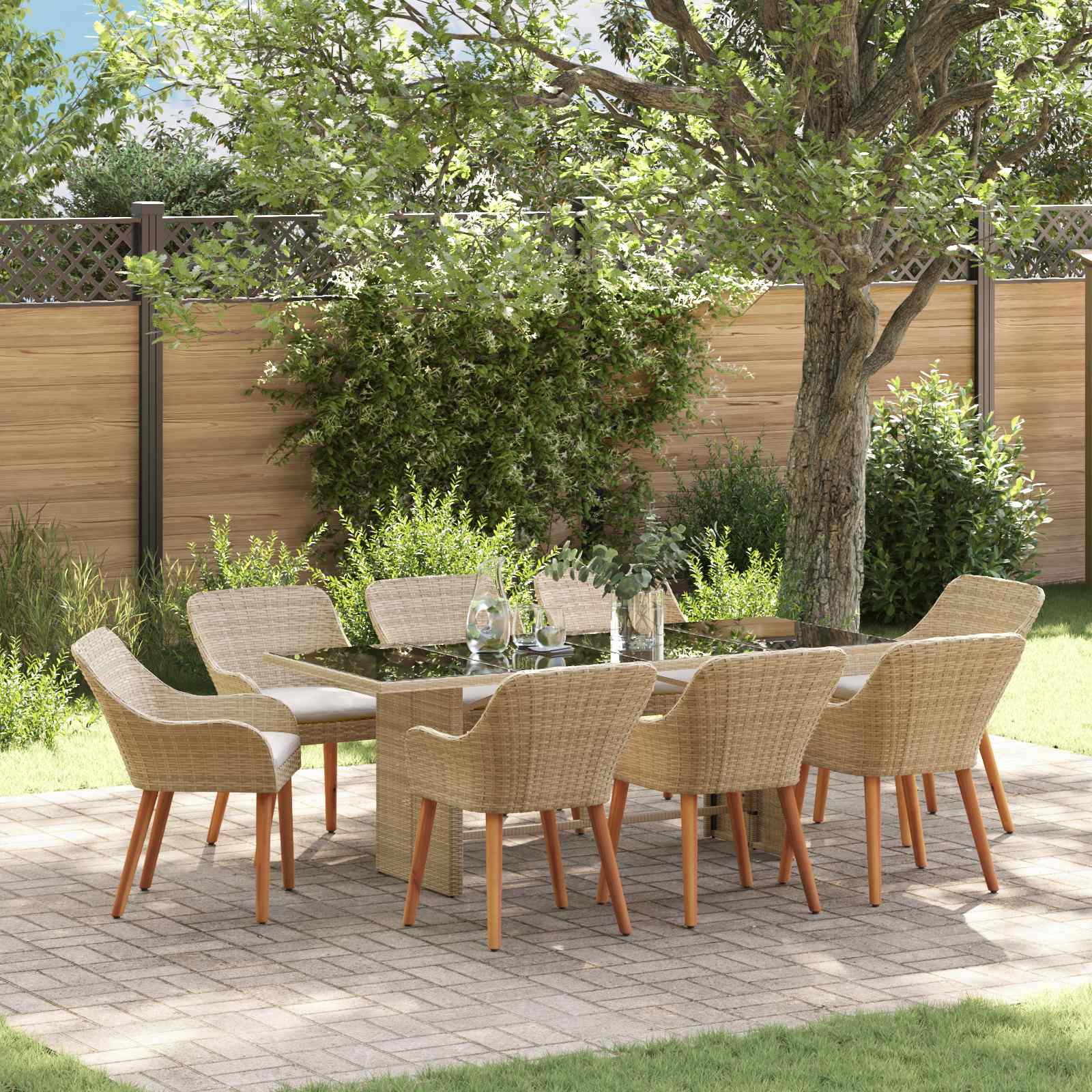 9-teilige Garten Essgruppe Beige Poly-Rattan