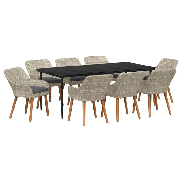 Garten Essgruppe 9-teilig Hellgrau Poly-Rattan mit Kissen