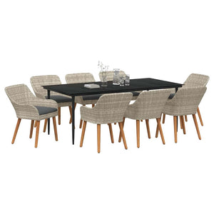 Garten Essgruppe 9-teilig Hellgrau Poly-Rattan mit Kissen