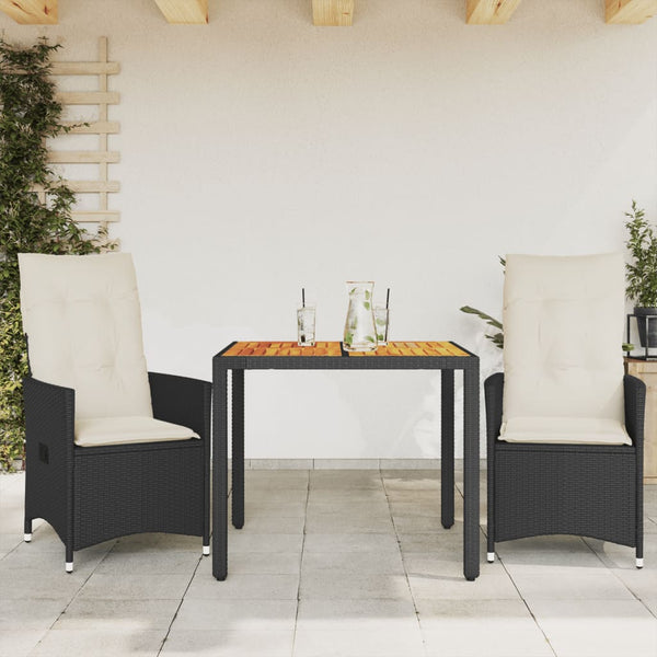3-tlg. Bistro-Set Schwarz Poly Rattan Akazie