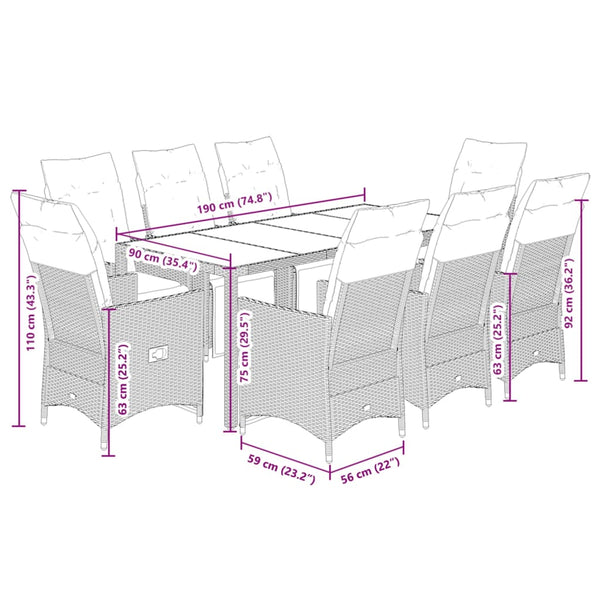 9-teiliges Garten Bistro Set Grau Rattan