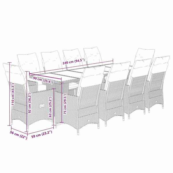 11-tlg. Garten Bistro Set Grau Poly Rattan mit Kissen