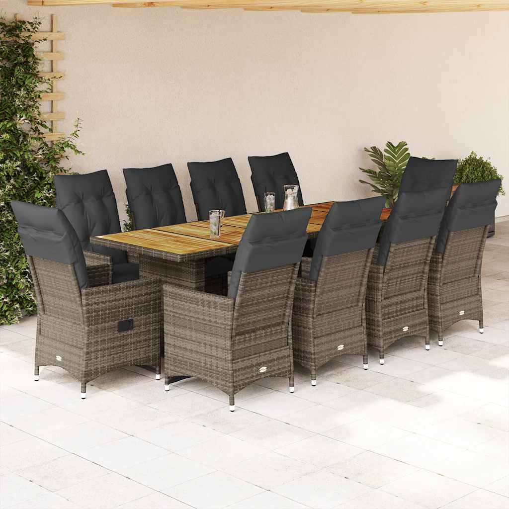 11-tlg. Garten Bistro Set Grau Poly Rattan mit Kissen