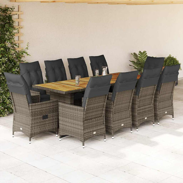 11-tlg. Garten Bistro Set Grau Poly Rattan mit Kissen