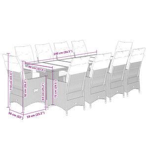 11-tlg. Garten Bistro Set Braun Poly Rattan mit Kissen