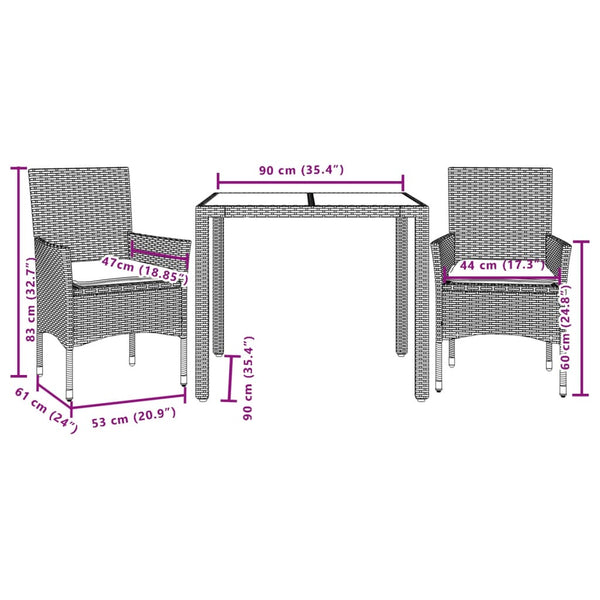 3-tlg. Garten Essgruppe Grau Poly Rattan