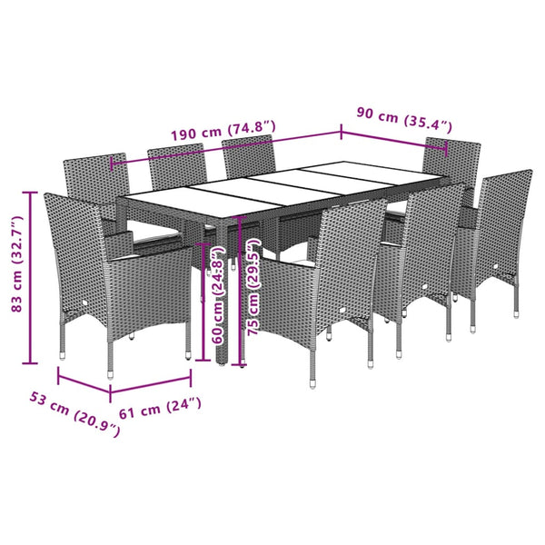 9-teilige Garten Essgruppe Grau Poly Rattan